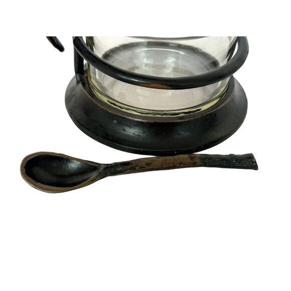 Vintage Metal & Glass Sugar Jam Condiment Jar with Leaf & Berry Lid & Spoon - Picture 4 of 12
